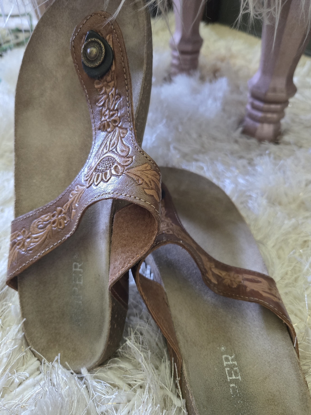 Roper Brown Embossed Leather Thong Sandals